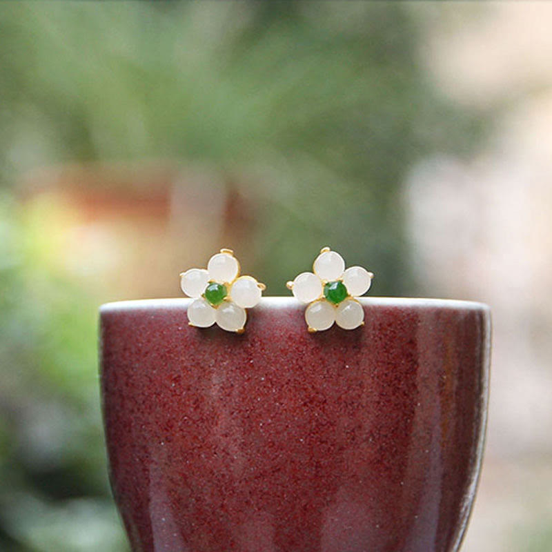 White Jade Flower Luck Stud Earrings
