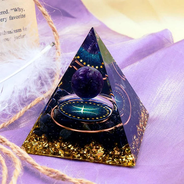 Olivenorma Amethyst Kugel mit Obsidian Sternzeichen Fische Orgon Pyramide
