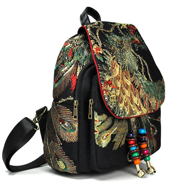 Rucksack aus Canvas mit Pfauenstickerei und Quaste 