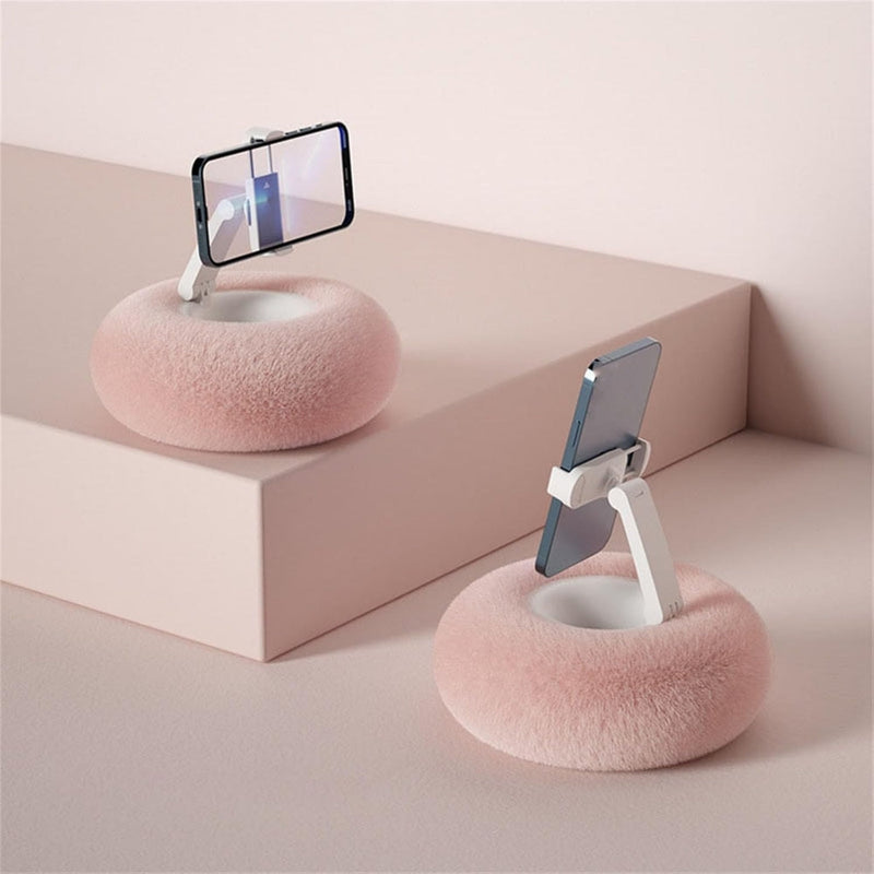 Cozy Fuzzy Pillow Phone Holder with Integrated Snack Bowl