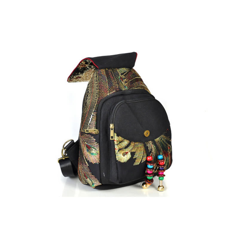 Rucksack aus Canvas mit Pfauenstickerei und Quaste 