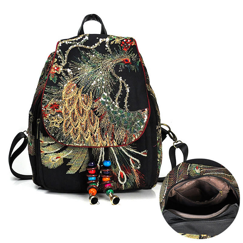 Rucksack aus Canvas mit Pfauenstickerei und Quaste 