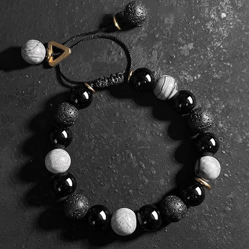 Black Obsidian Lava Rock Stone Yin Yang Strength Bracelet