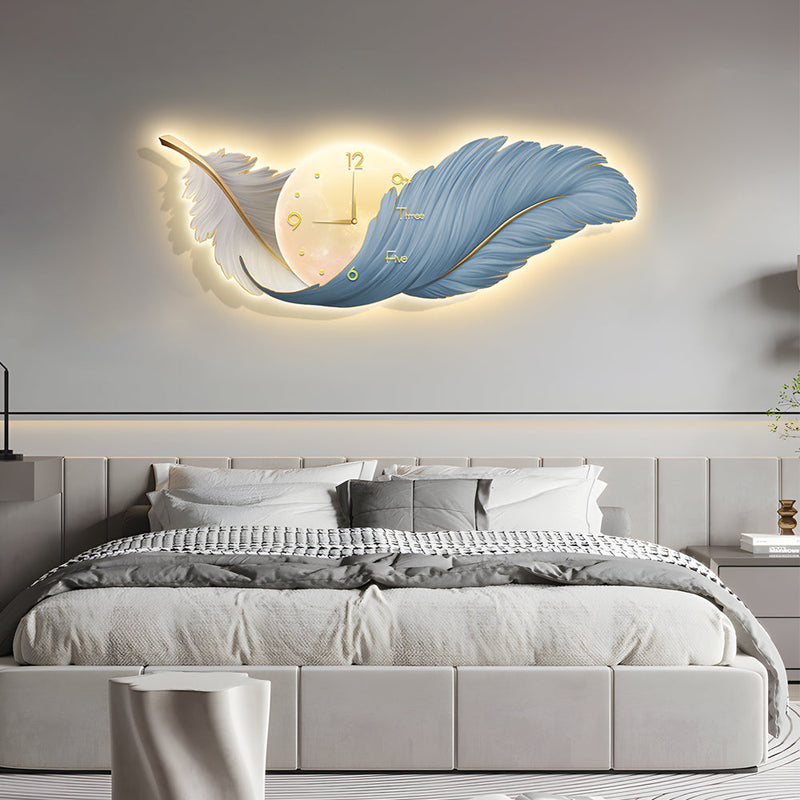 Artistic Feathers Painting Clock Modern LED Wall Lamp