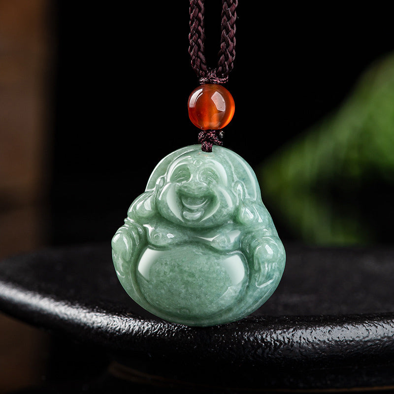 Laughing Buddha Cyan Jade Success Necklace String Pendant