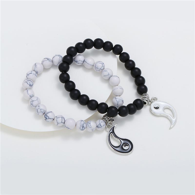 Natürliches schwarzes Onyx-weißes Türkis-Perlen-Yin-Yang-Paar-Armband