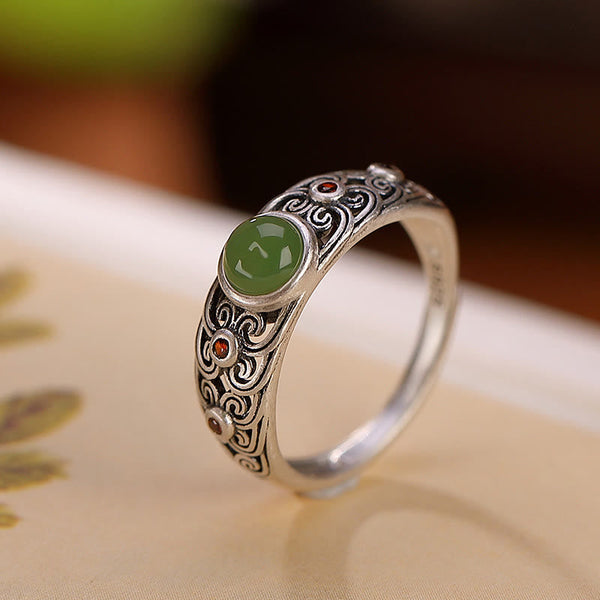 925 Sterling Silver Hetian Cyan Jade Adjustable Ring