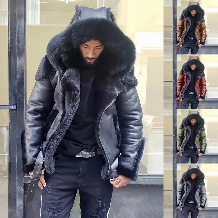 Sheepskin Leather Jacket Winter Fur Hood Coat Motorcycle for Men