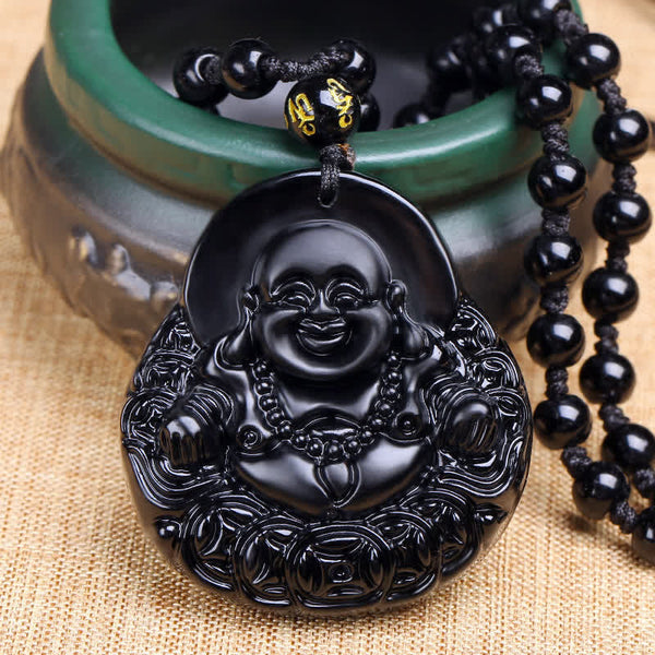 Lachender Buddha Halskette aus schwarzem Obsidian mit Stärke, Kraft und Schutz 