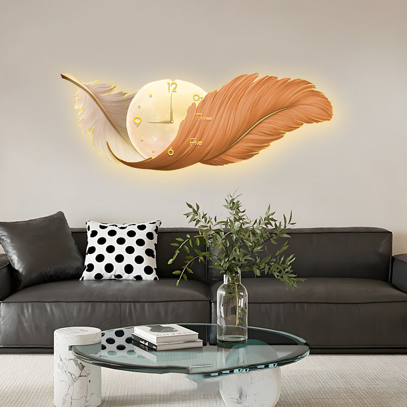 Artistic Feathers Painting Clock Modern LED Wall Lamp