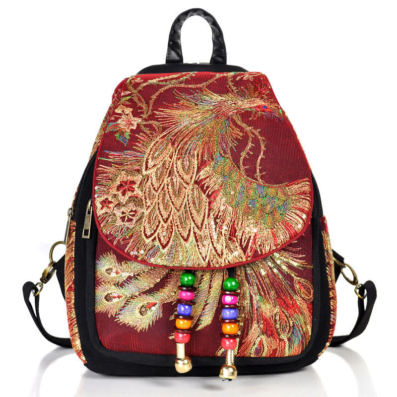 Peacock Embroidery Canvas Tassel Backpack