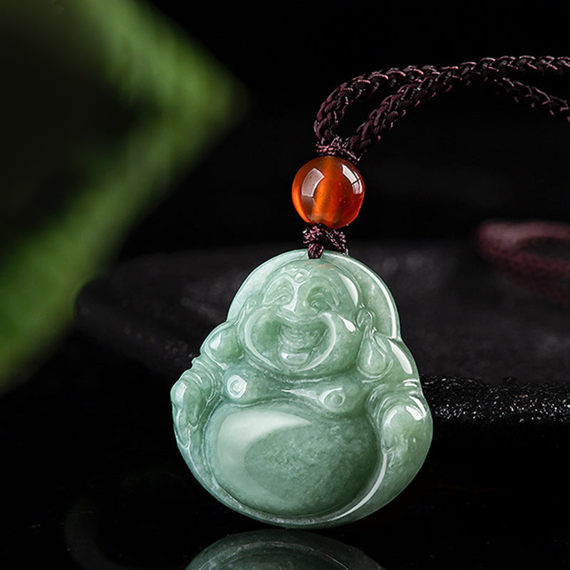 Buddha Stones Lachender Buddha Cyan Jade Erfolg Halskette String Anhänger 
