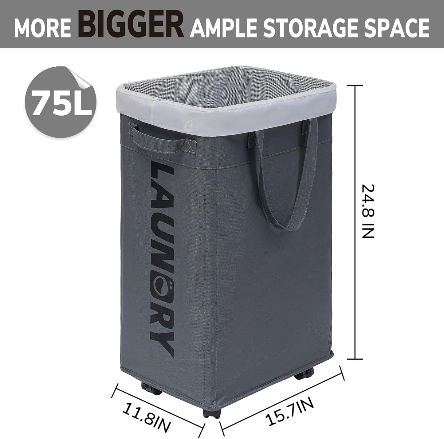 75L Collapsible Laundry Basket with Wheels for Easy Transport