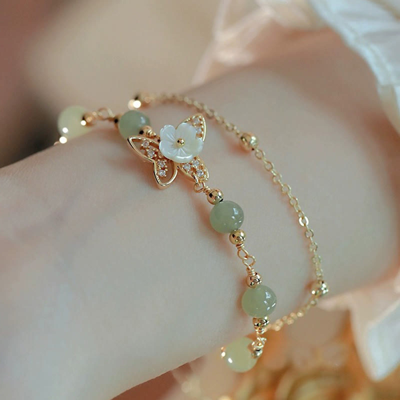 14K Gold Plated Jade Butterfly Tridacna Stone Flower Double Layer Luck Bracelet
