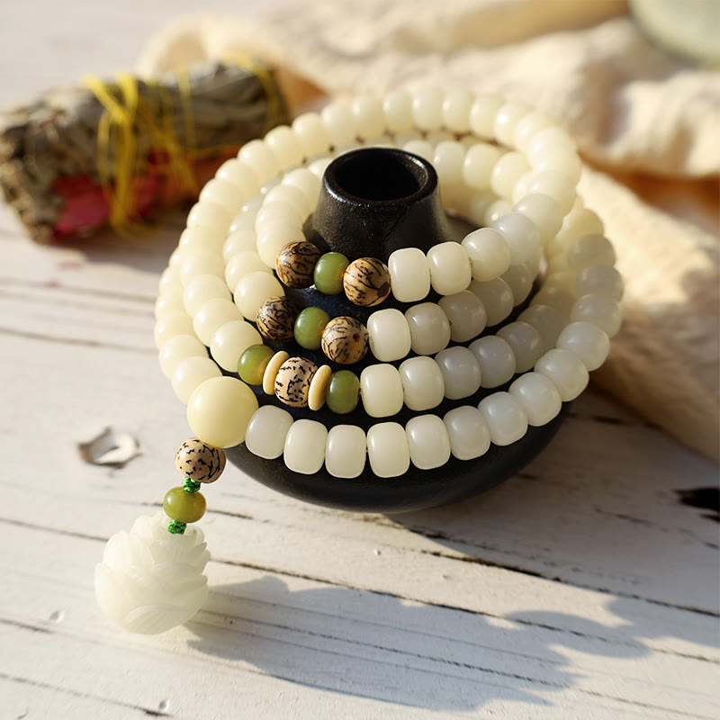 White Jade Bodhi Lotus Mala Harmony Necklace Bracelet