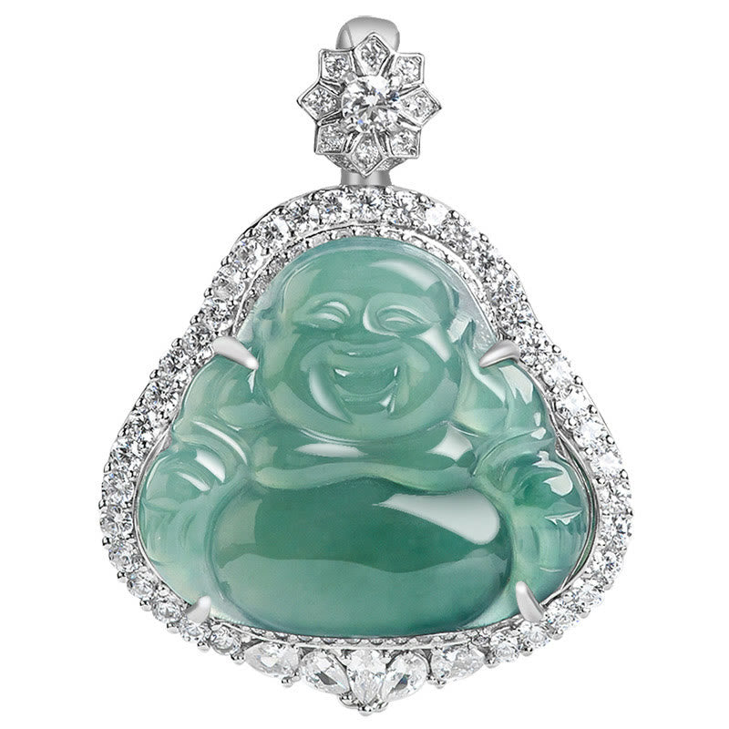 Halskette „Lachender Buddha“ aus 925er Sterlingsilber, natürliche Jade, Glück und Fülle 