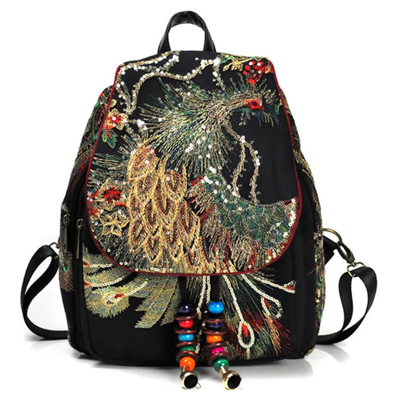 Rucksack aus Canvas mit Pfauenstickerei und Quaste 