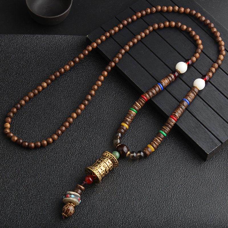 Turquoise Dzi Bead Prayer Wheel Wenge Wood Meditation Necklace