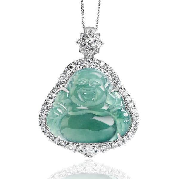 Halskette „Lachender Buddha“ aus 925er Sterlingsilber, natürliche Jade, Glück und Fülle 