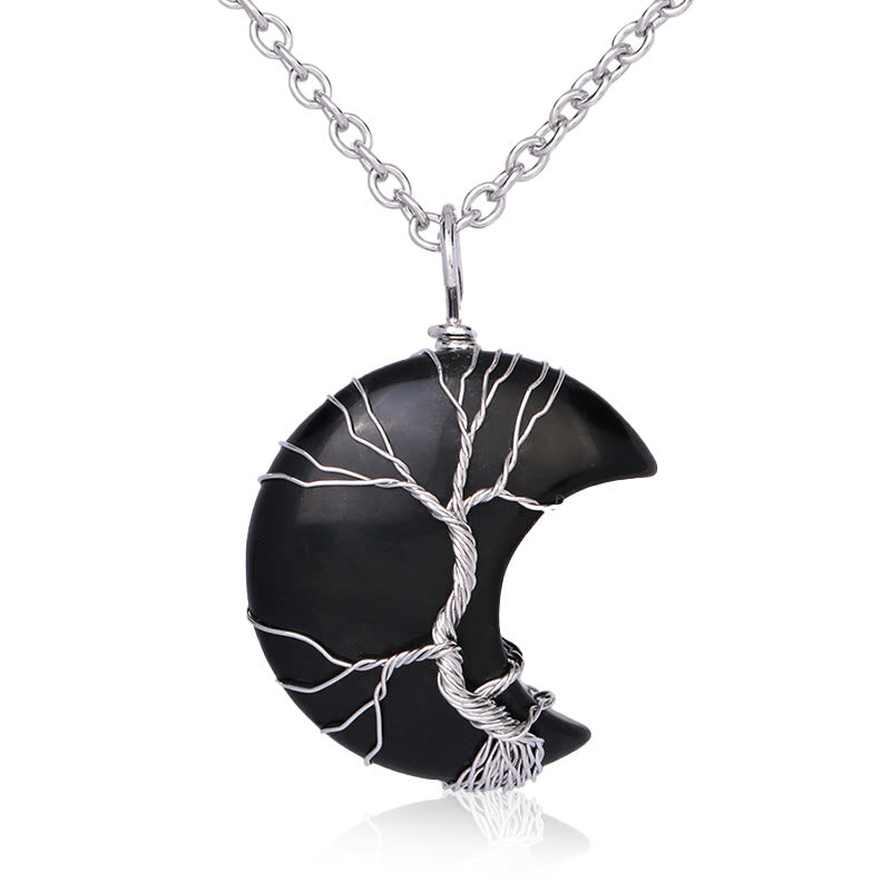Natural Quartz Crystal Moon Tree Of Life Necklace Pendant