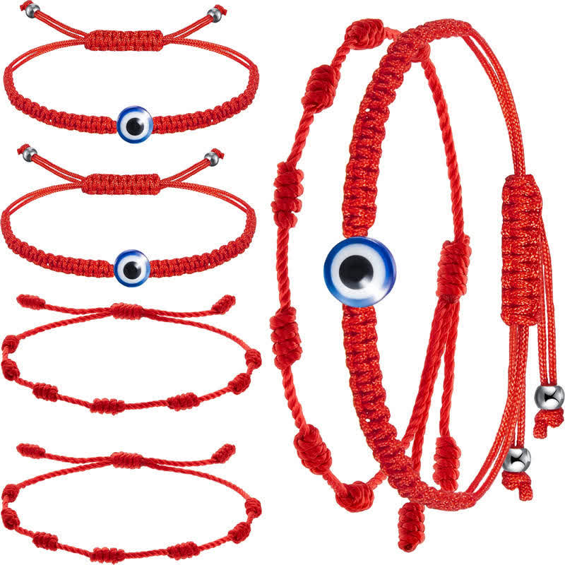 Buddha Stones 4-teiliges Schutzarmband mit bösem Blick, sieben Knoten, rote Schnur