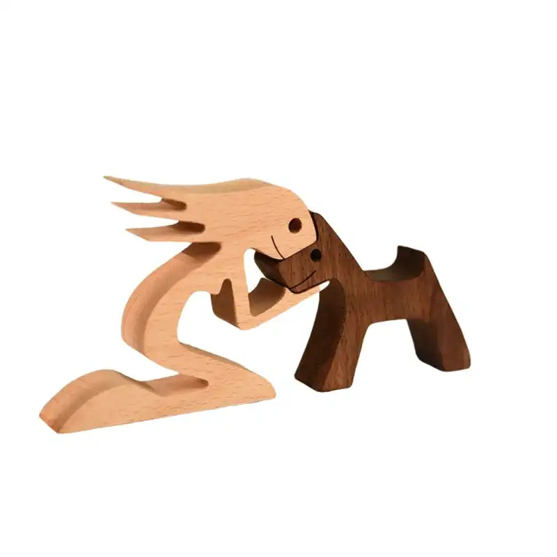 Carved Wood Dog Craft Figurine Desktop Table Ornament