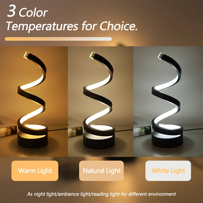 Modern Minimalist Spiral Desk Lamp – Wire Controlled 3-Color LED Ambient Light