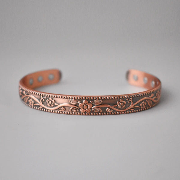 Floral Magnetic Adjustable Copper Cuff Bracelet Bangle