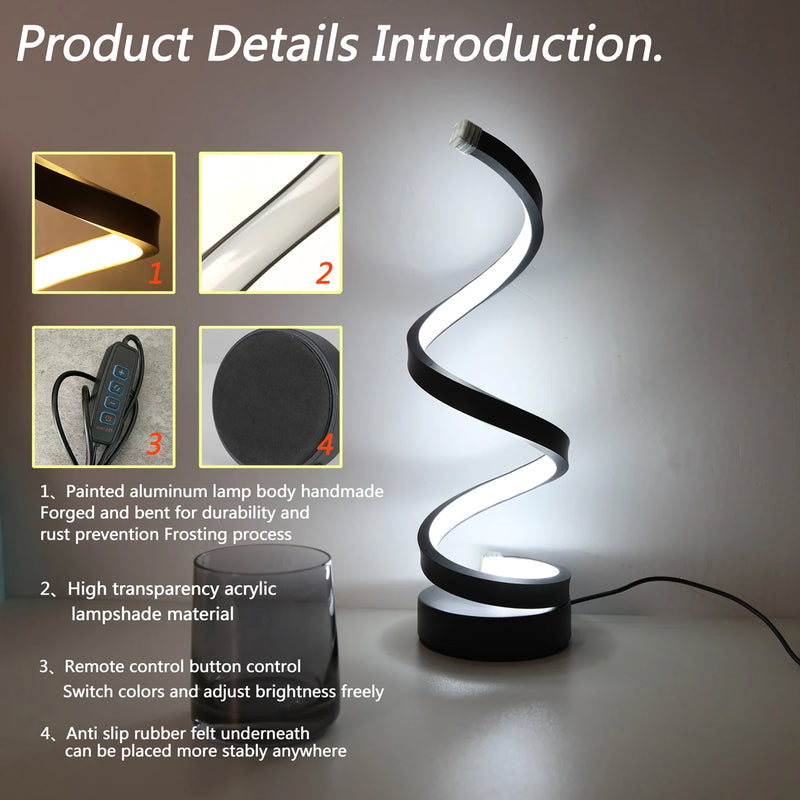 Modern Minimalist Spiral Desk Lamp – Wire Controlled 3-Color LED Ambient Light