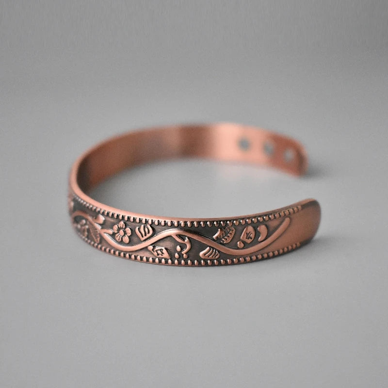 Floral Magnetic Adjustable Copper Cuff Bracelet Bangle