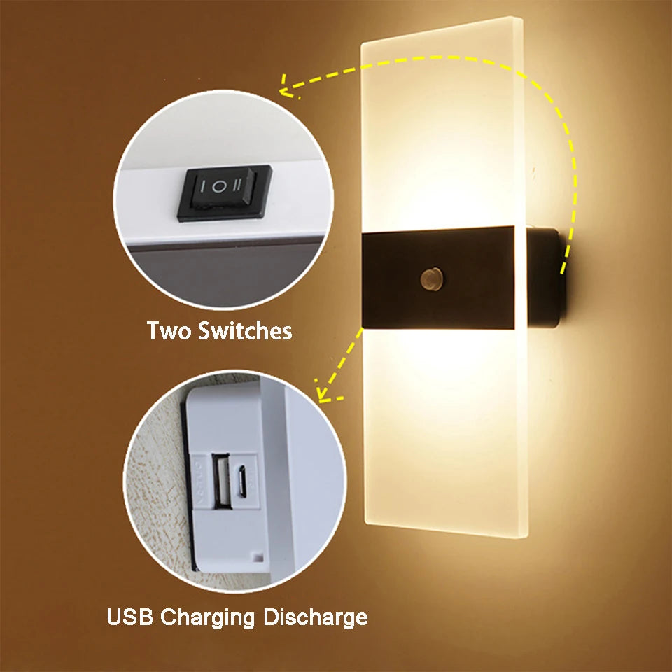 USB Rechargeable Wall Lamp – Touch & Motion Sensor with Acrylic Shade