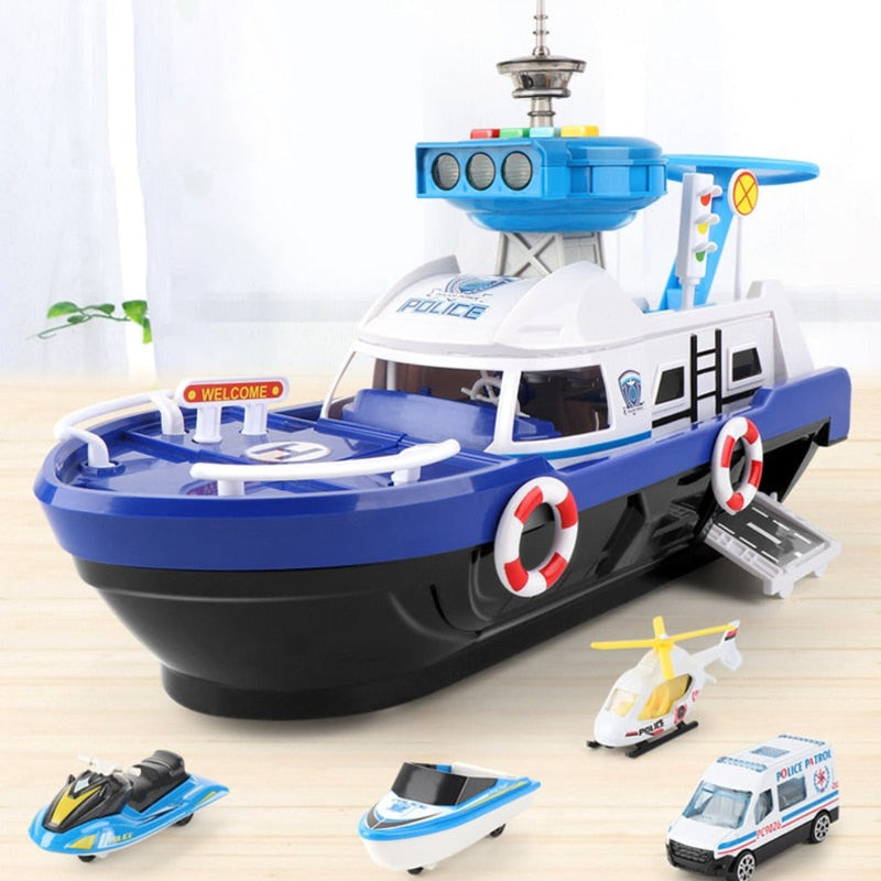 Feuerwehrmann-Polizeiauto-Frachtschiff-Spielzeugboot-Spielset (2 Farben)