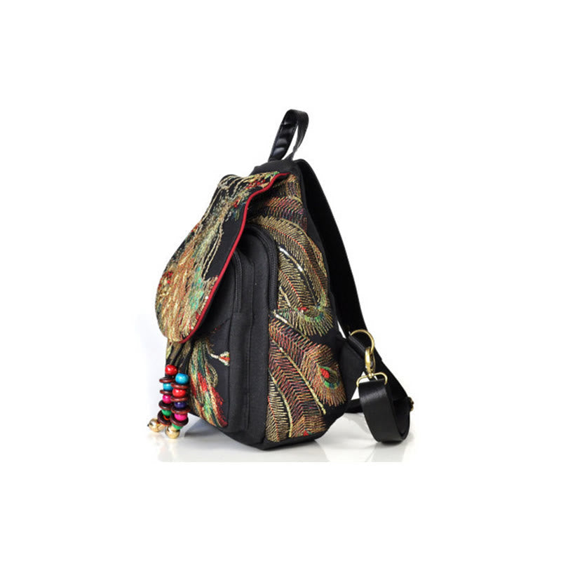 Peacock Embroidery Canvas Tassel Backpack