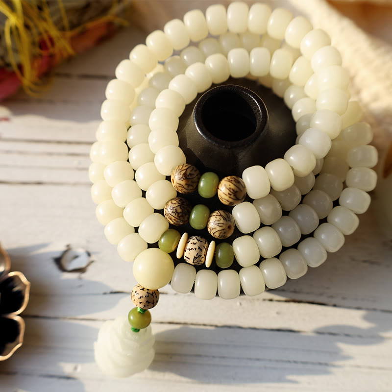 Bodhi Lotus Mala Harmonie Halskette Armband aus weißer Jade