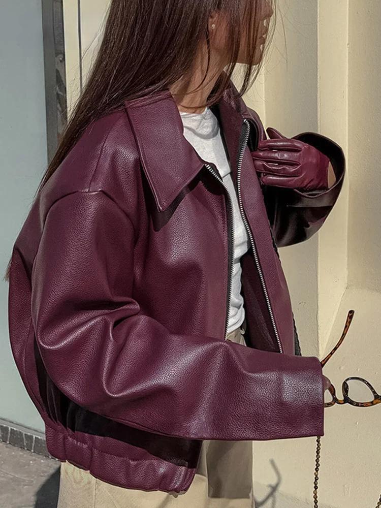 Burgundy Faux Leather Jacket for Women