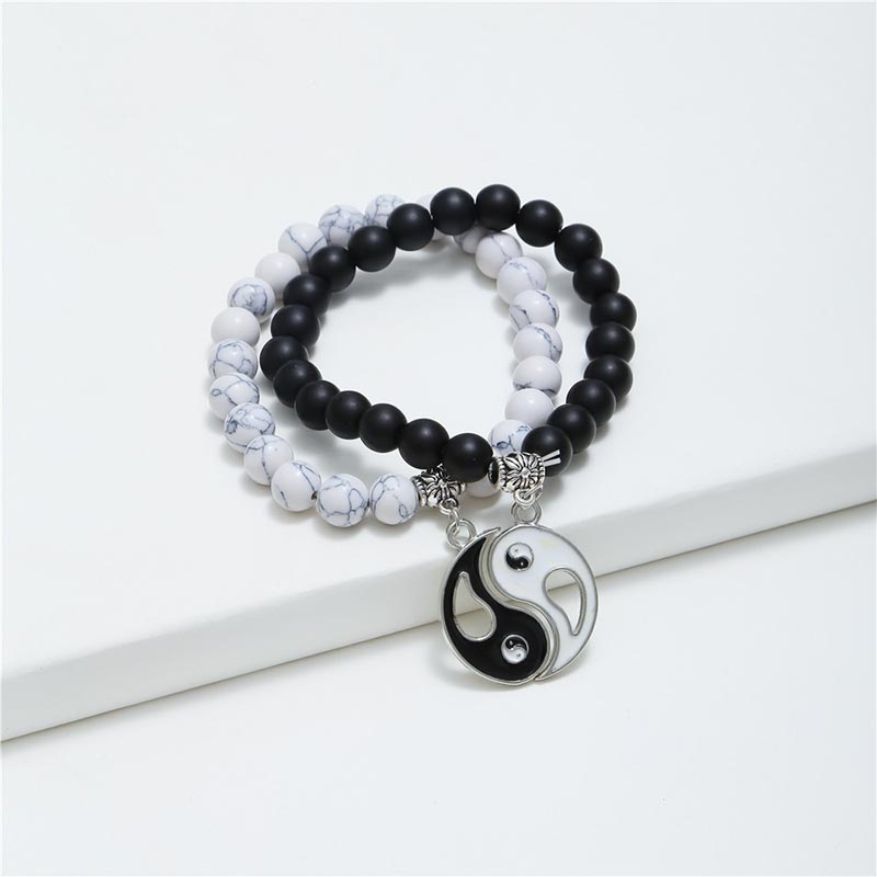 Natürliches schwarzes Onyx-weißes Türkis-Perlen-Yin-Yang-Paar-Armband