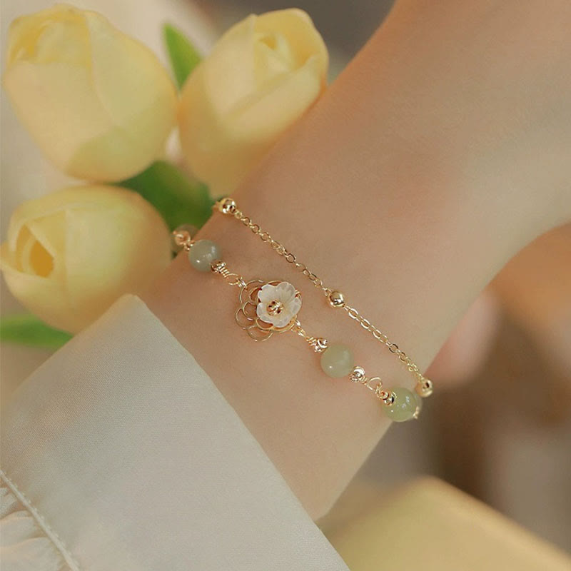 14K Gold Plated Jade Butterfly Tridacna Stone Flower Double Layer Luck Bracelet
