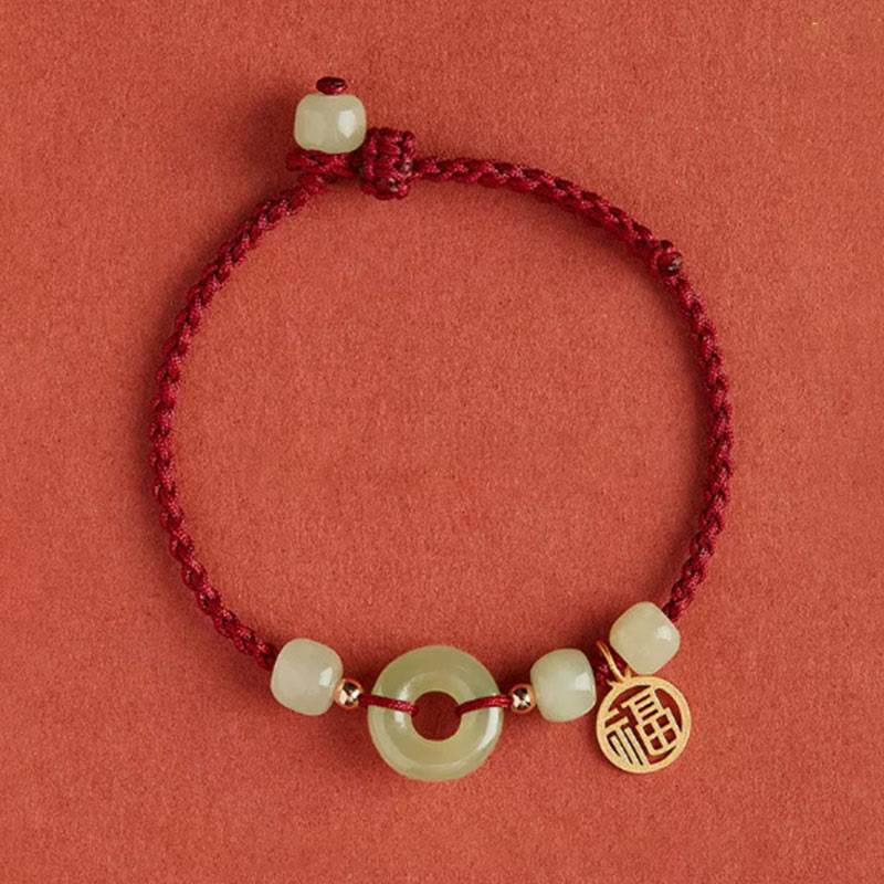 Round Peace Buckle Jade Lotus Happiness & Wealth String Bracelet