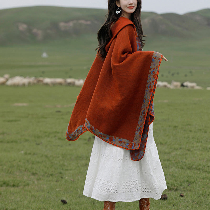 Tibetan Shawl Border Small Floral Flower Hooded Cloak