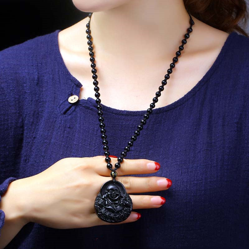 Laughing Buddha Black Obsidian Strength, Power & Protection Necklace