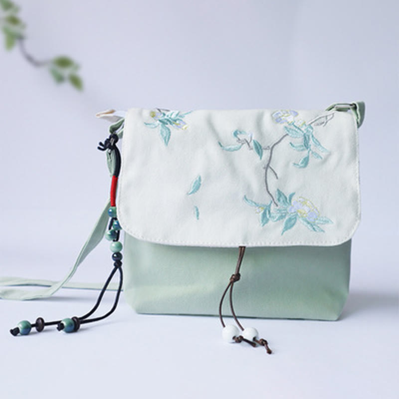 Handmade Embroidered Flowers Canvas Crossbody Bag