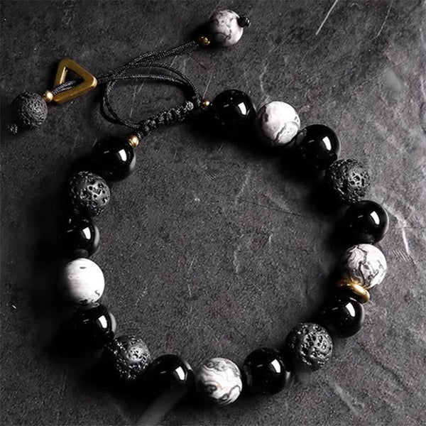 Schwarzes Obsidian-Lavastein-Armband mit Yin-Yang-Stärke 