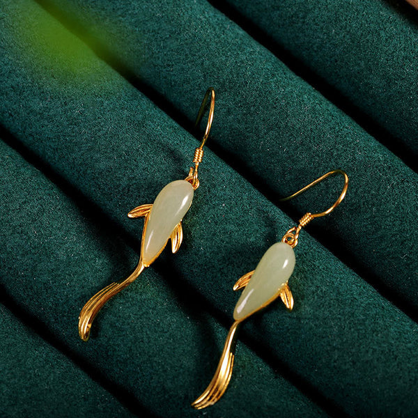 Fish Shape Jade Luck Dangle Drop Earrings