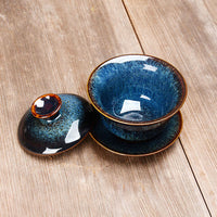 Buddha Stones Vintage Kiln Change Design Keramik Gaiwan Sancai Teetasse Kung Fu Teetasse und Untertasse mit Deckel