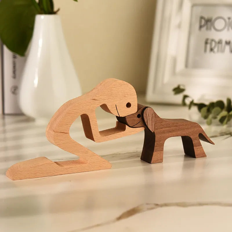 Carved Wood Dog Craft Figurine Desktop Table Ornament