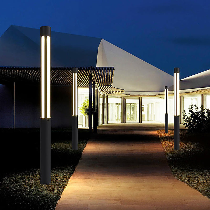 Zylinderförmige, schwarze, moderne LED-Pfostenleuchte für den Außenbereich