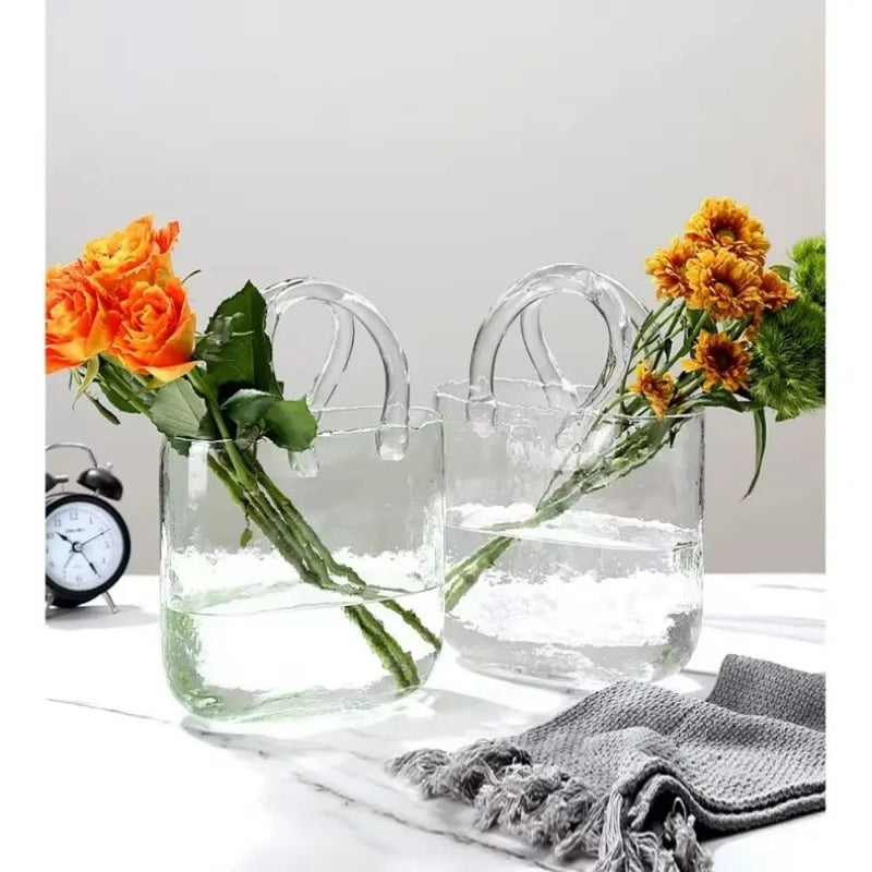 Nordic Designer Glass Vase Handbag – Elegant Hydroponic Flower Basket