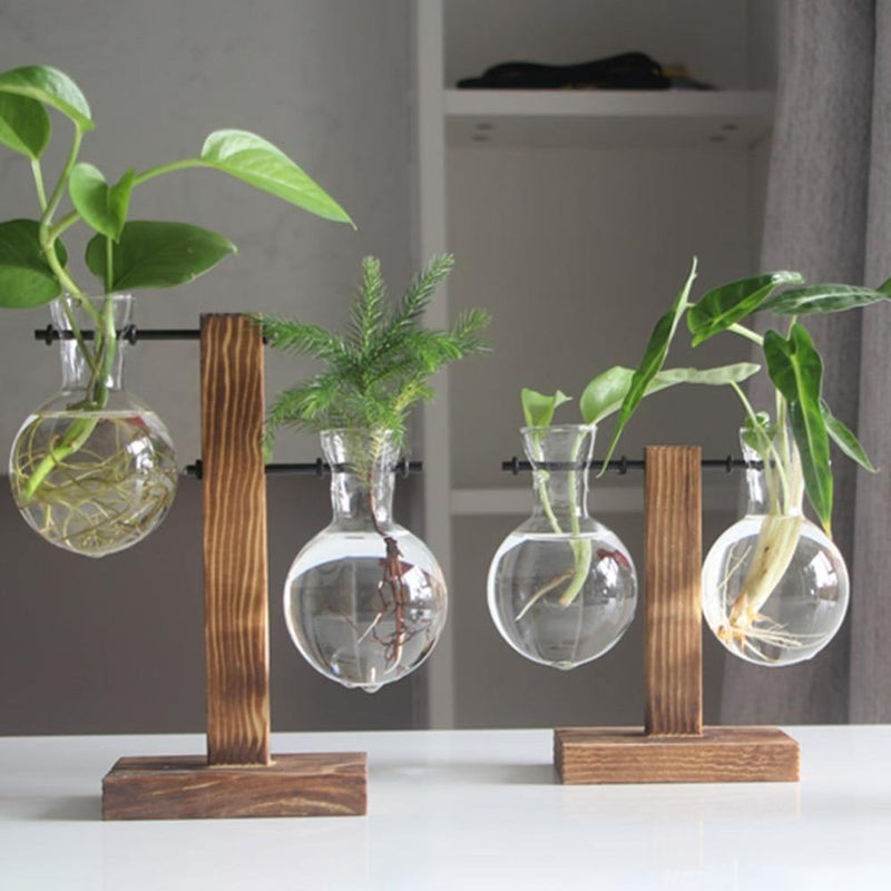 Handgefertigte Anzuchtvase aus Glas mit vertikalem Holzständer