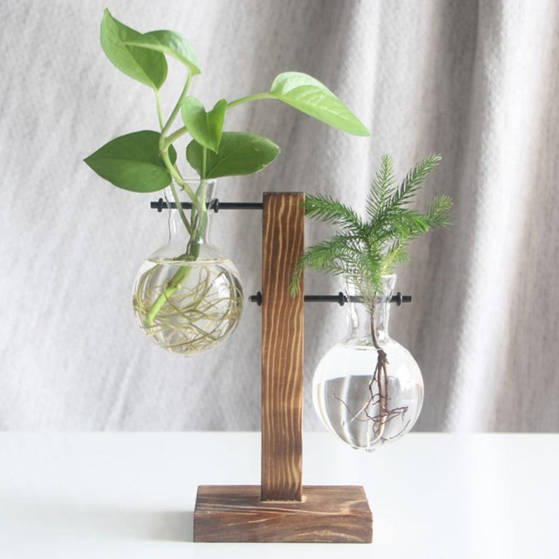 Handmade Glass Propagation Vase with Vertical Wooden Stand