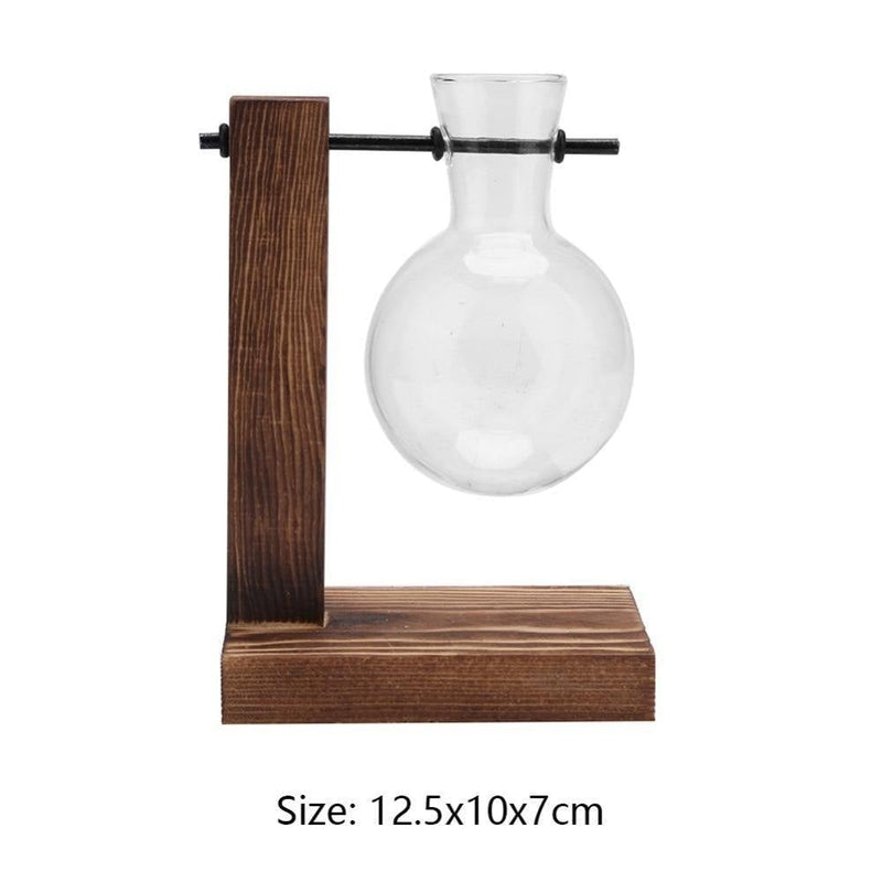 Handmade Glass Propagation Vase with Vertical Wooden Stand